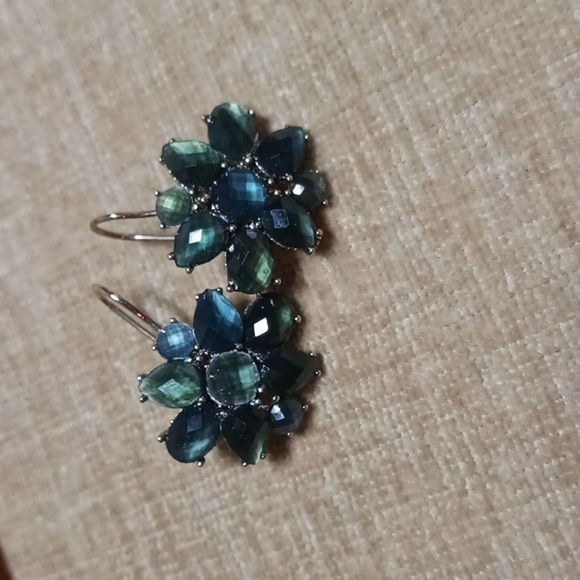 Liz Claiborne Jewelry - Liz Claiborne Gold Tone Blue/Green Rhinestone Flower Drop Earrings